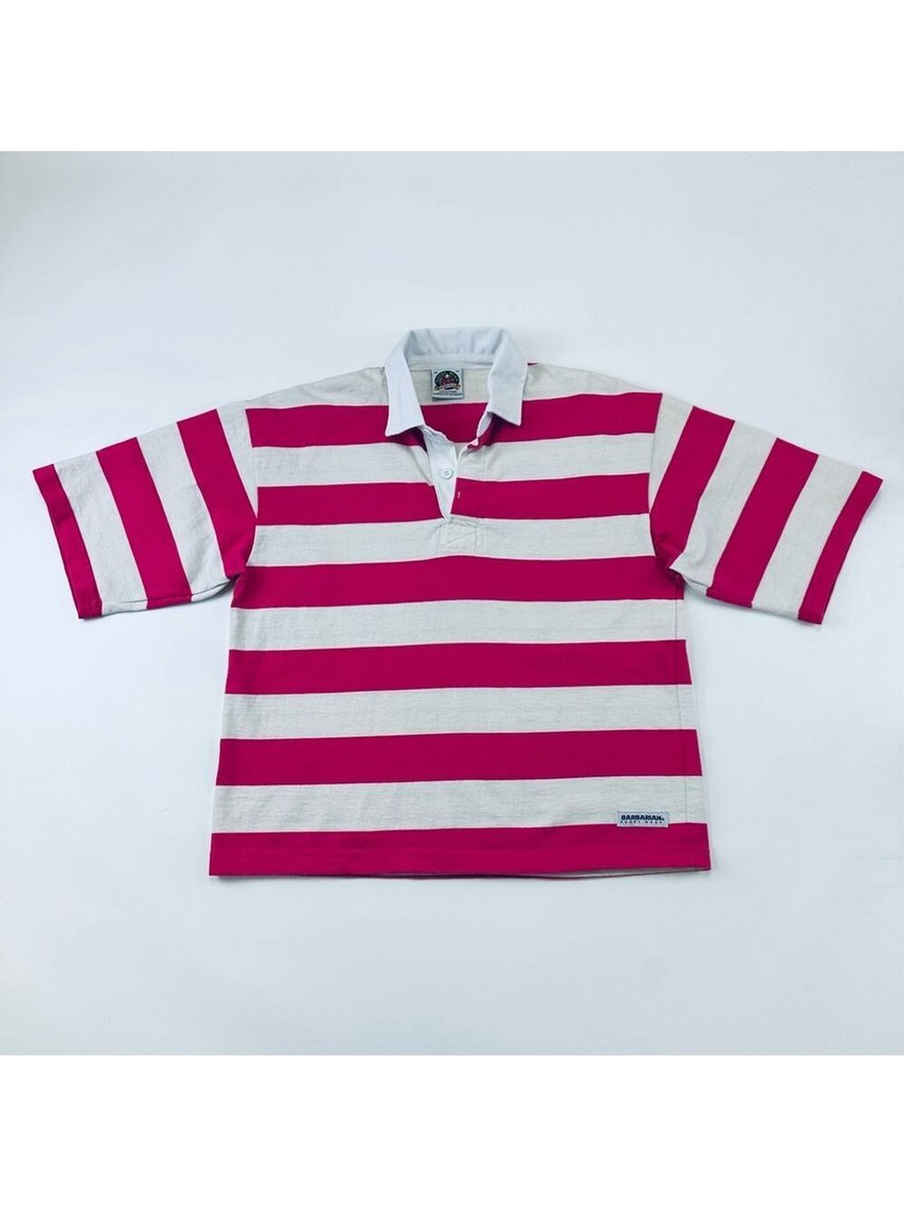 Barbarian fuchsia off white stripe rugby cotton womens shirt Medium vintage